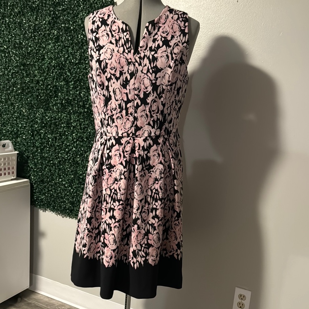 Sleeveless Pink Floral Midi Dress with Black Accents